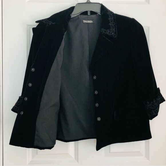 TAHARI WOMEN'S JACKET BLAZER BLACK VELOUR SIZE SMALL COLLARED 3/4 SLEEVE SILK - Picture 5 of 13